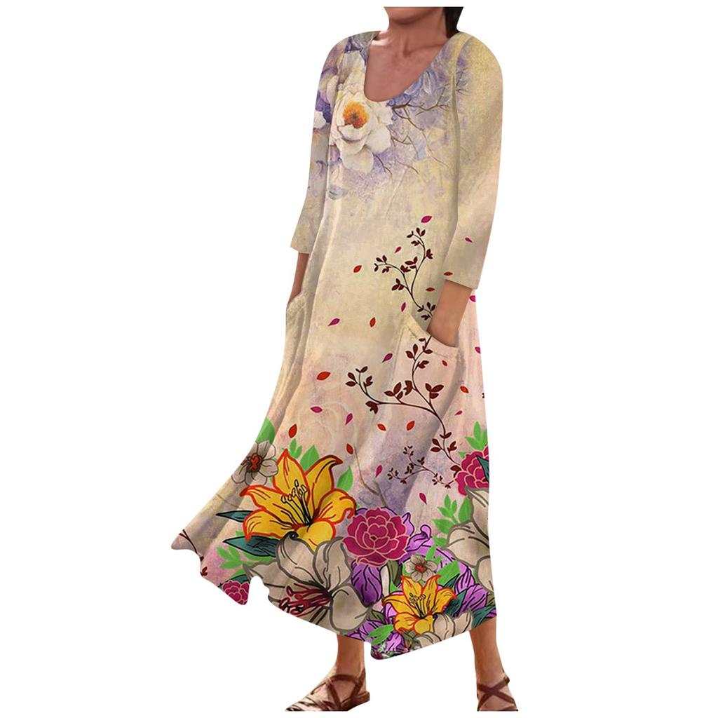 Женское модное повседневное свободное карманное платье с круглым вырезом и рукавами 3/4