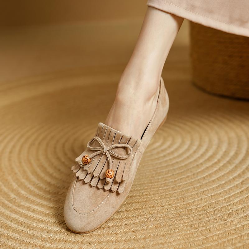 Fashion Suede Loafers Women Slip-On Butterfly Knot Flats Shoes Genuine Leather Ballets Flats Shoes for Women Moccasins Leather Shoes