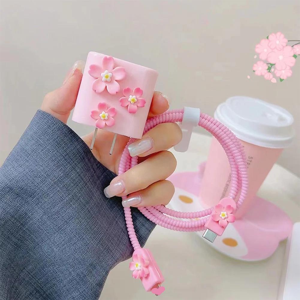 3D Pink Flower Cable Charger Protector Cover For Iphone 11 15 14 13 Pro Max 18W 20W Charger Data Line Protective Sleeve