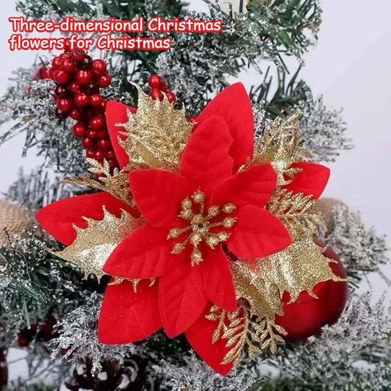 Christmas Glitter Artificial Flowers Floral Silk Fake Flower with Clips for Xmas Tree Hanging Ornaments New Year Gift Home Decor
