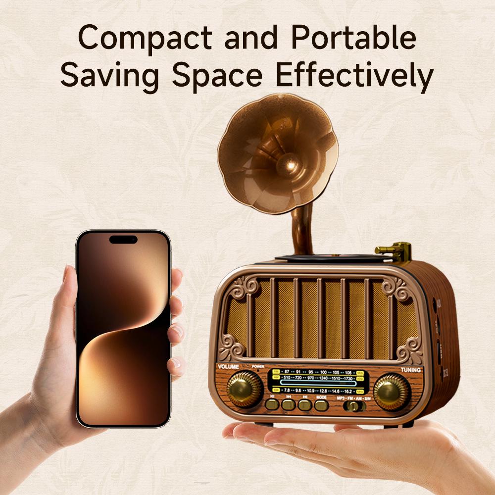 Ретро-портативная Bluetooth-колонка в стиле граммофона с FM/AM/SW радио.