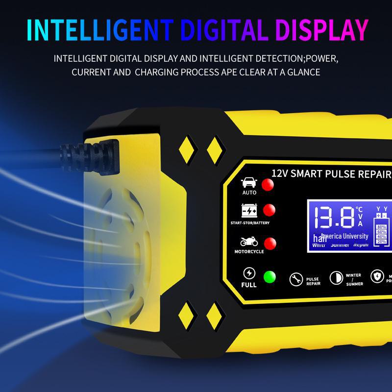 Зарядное устройство для аккумуляторов мотоциклов и автомобилей 12 В 6 А с цифровым дисплеем и интеллектуальным импульсным ремонтом свинцово-кислотных аккумуляторов