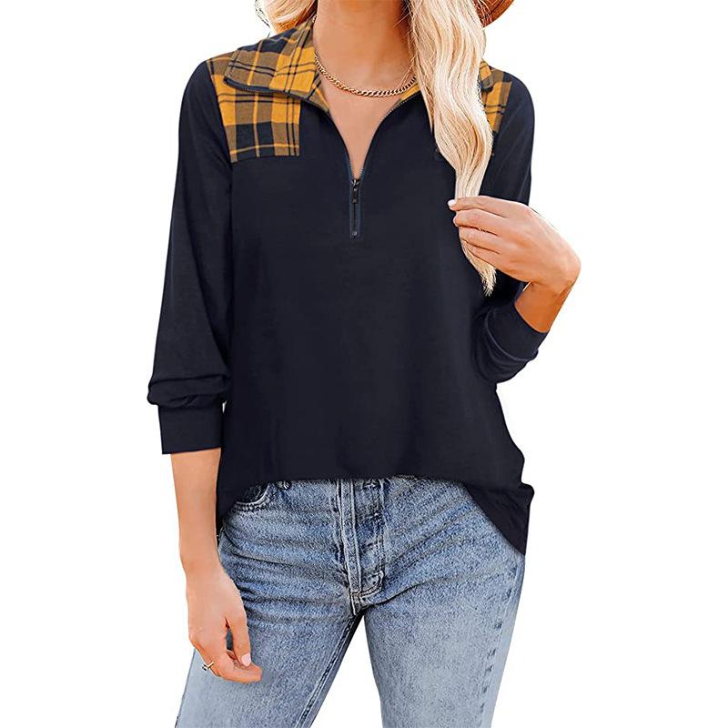 Европейская и американская женская осенне-зимняя новая повседневная модная футболка в клетку с v-образным вырезом и молнией с лацканами и длинными рукавами