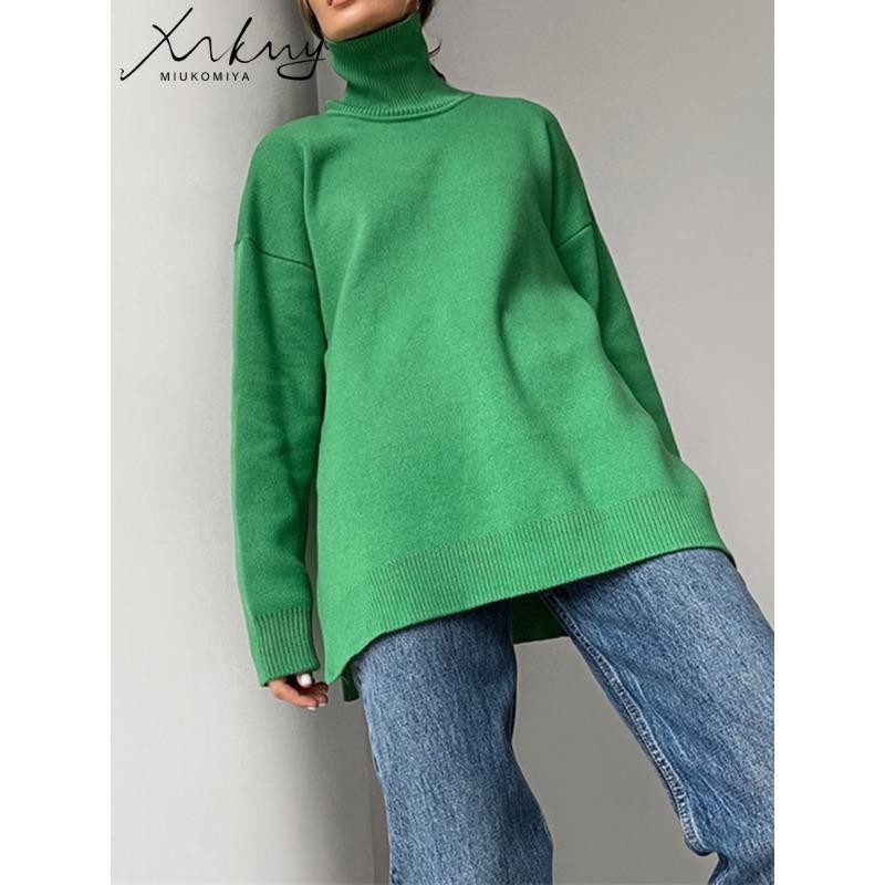 Осенне-зимние женские свитера, водолазки, женские пуловеры, вязаные джемперы с разрезом по бокам, рождественский свитер, большие размеры, для женщин