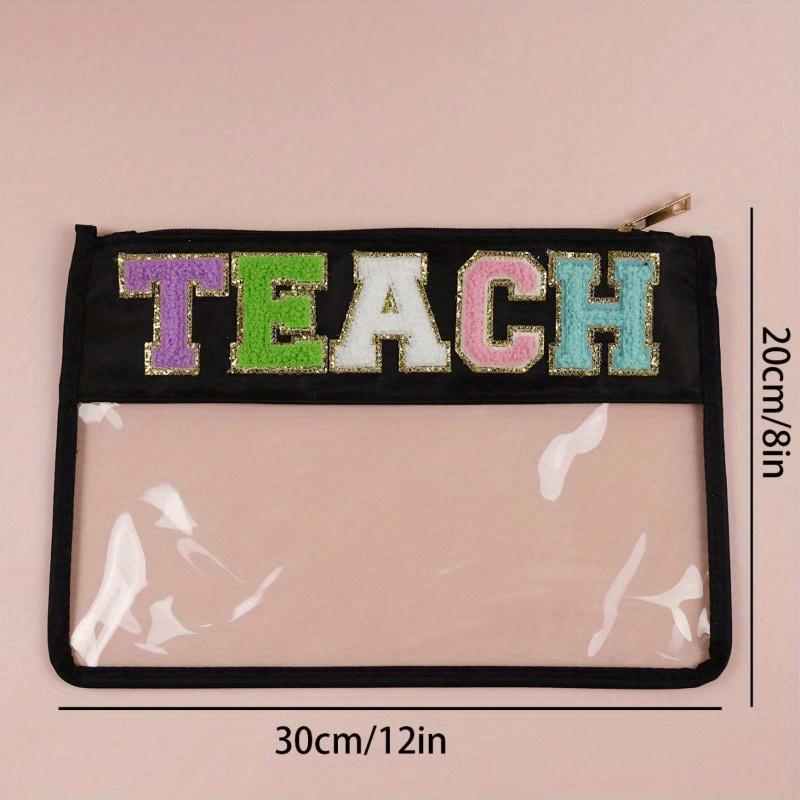 1pc Black Waterproof Transparent PVC Zipper Toiletry Makeup Pouch Personalized Embroidery Chenille Letter Patches Teach Letter Cosmetic Bag Pencil