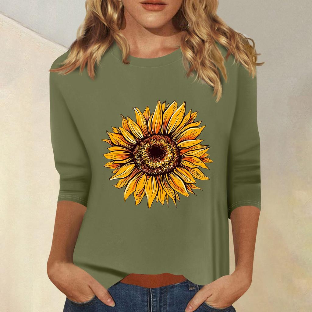 Женская мода повседневный принтованный топ с семью рукавами и круглым вырезом