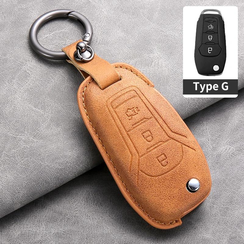 Leather Car Remote Key Case Cover for Ford Focus 3 4 ST Mondeo MK3 MK4 Fiesta Fusion Kuga Ecosport Protect Key Fob Keychain