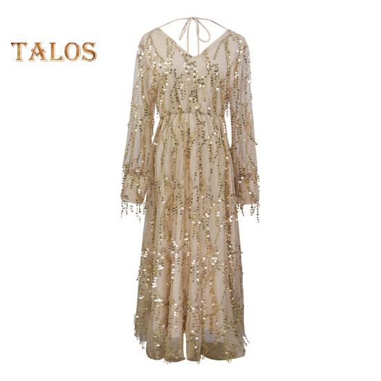 Женское вечернее платье с пайетками, кисточками, V-образным вырезом, длинными рукавами, А-силуэтом, плиссированным двухслойным платьем с тонкой талией и регулируемыми бретелями для свадебного коктейля
