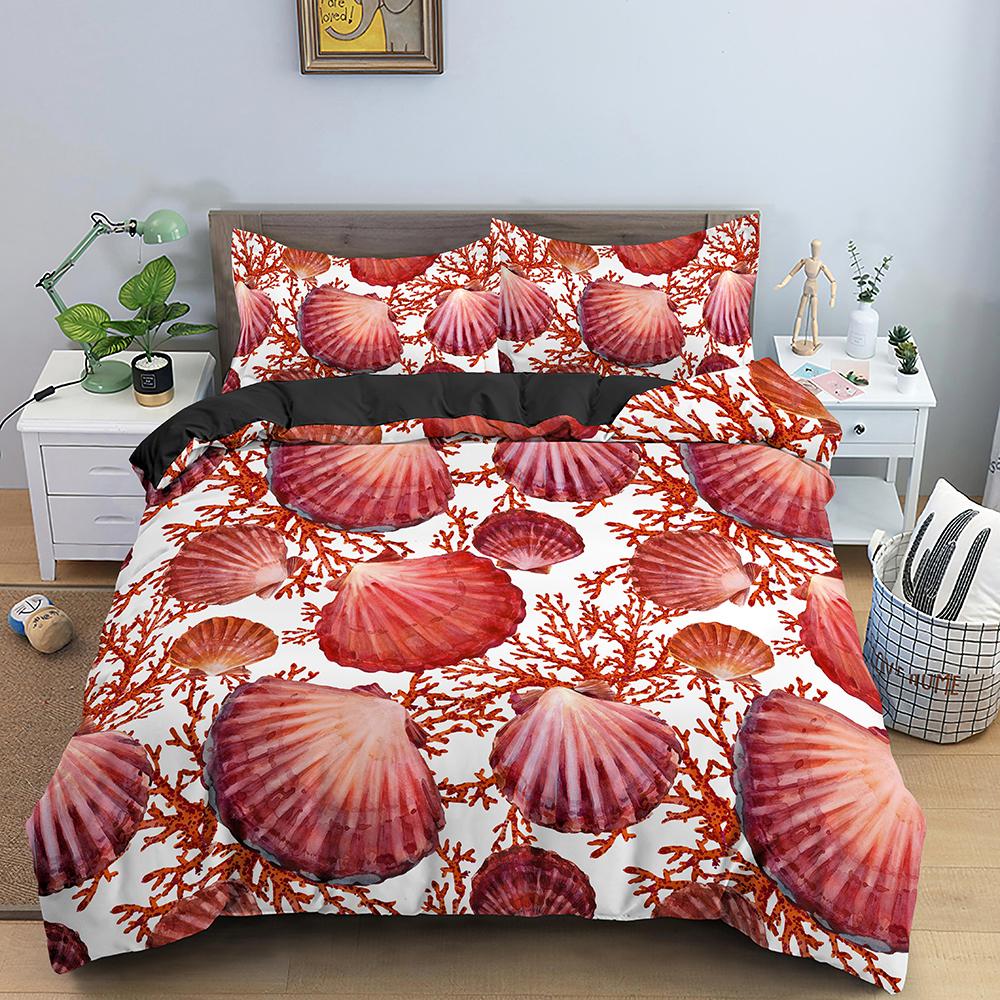 Shell Duvet Cover Set Starfish Crab Sea Animals Kawaii Polyester Comforter Cover For Kid Boys Girl Bedding Set King Full Size