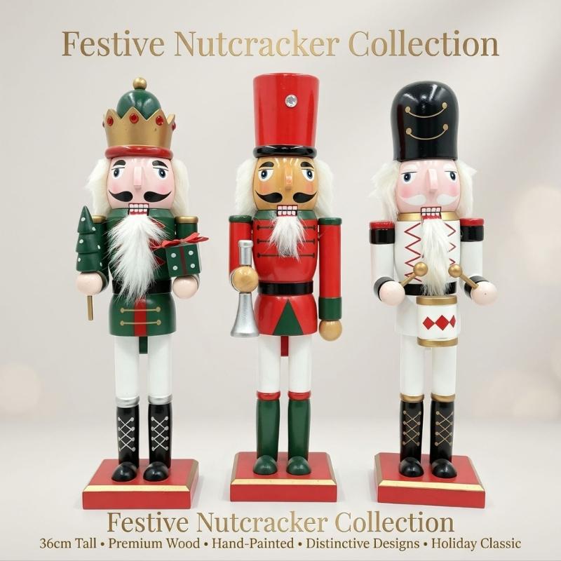 Christmas Nutcrackers Decoration in Solid Wood with a Square Base for Entryway, Mantel, Shelf, or Desk Display