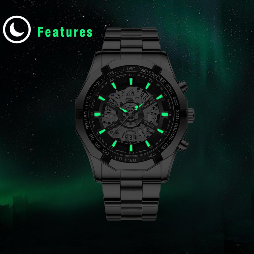 Скелетон Стильные 3ATM Водонепроницаемые Светящиеся Аналоговые Часы Календарь Ремешок Из Нержавеющей Стали Модные Часы Подарок На День Рождения Рождественский День Мужские Часы Мужские