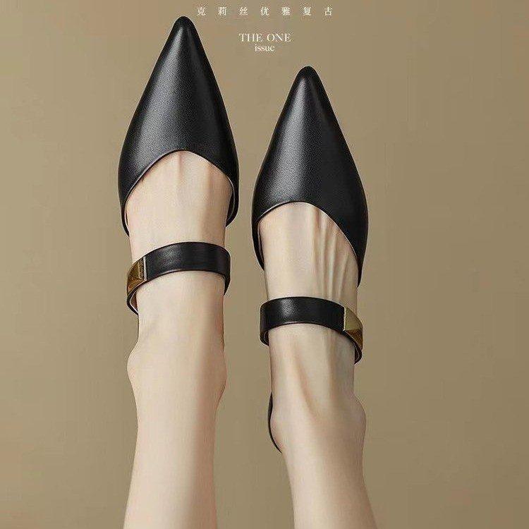 Модные женские сандалии с острым носком 2025 лето новые полушлепанцы с металлической пряжкой и сандалии на тонком каблуке