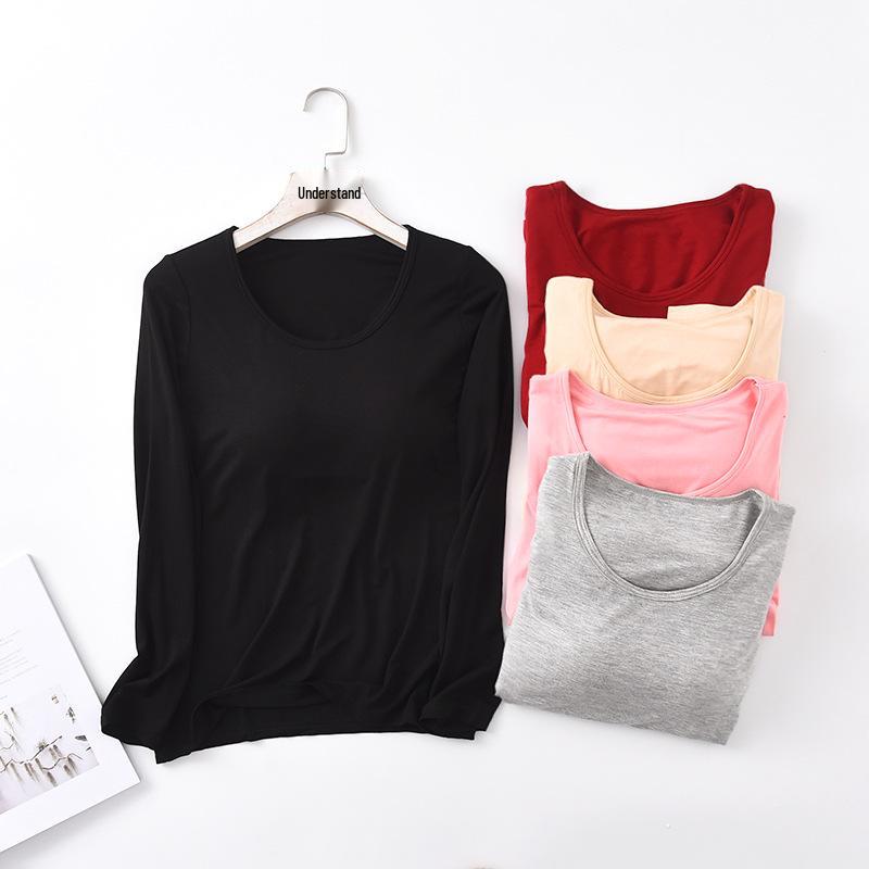Женский однотонный топ с длинным рукавом и встроенной чашкой бюстгальтера – простой осенне-зимний стиль