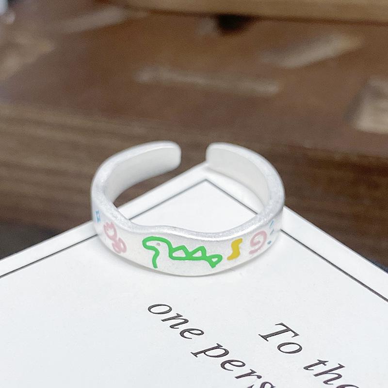 Эмалированное кольцо-разомкнутое кольцо с раскрашенным динозавром, женский нишевый дизайн, милое контрастное кольцо на указательный палец, регулируемое кольцо для ношения в несколько рядов