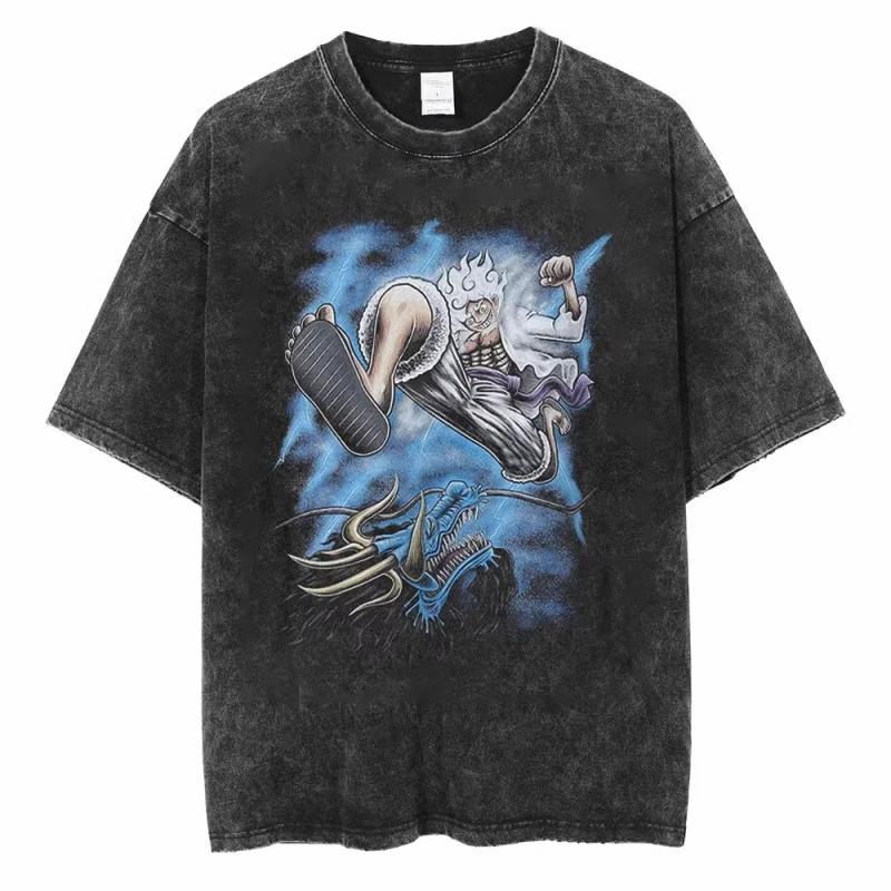 One Piece ONE PIECE Luffenica Street Винтажная Старая Хлопковая Выстиранная Футболка с Коротким Рукавом Топ Харадзюку Мужской