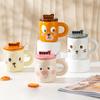 Простой набор для домашнего использования из керамических чашек с крышкой, ложкой и эффектным рисунком в виде мультяшного животного, кружка для завтрака в офисе, стакан для воды