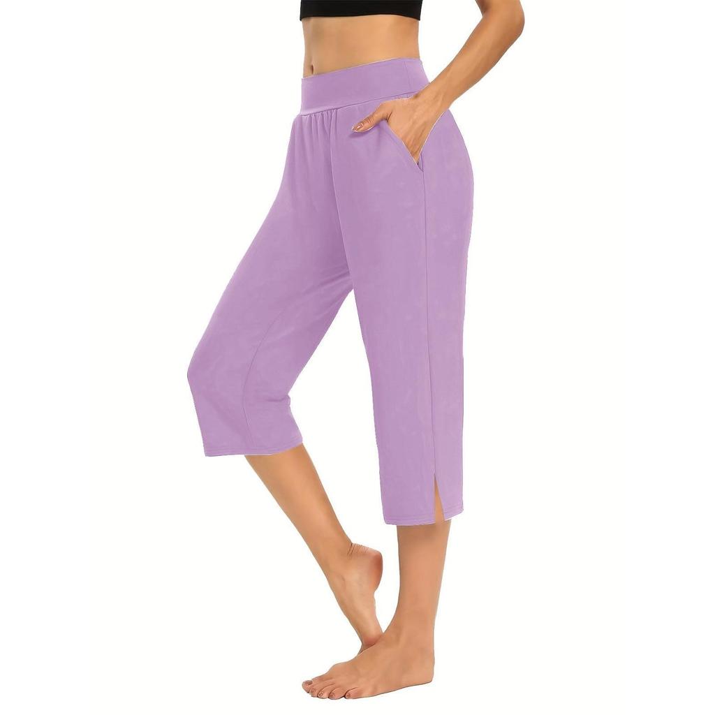 Women Elastic High Waist 3/4 Pant Casual Active Fit Wide Capris Leg Pants Trousers With Pockets