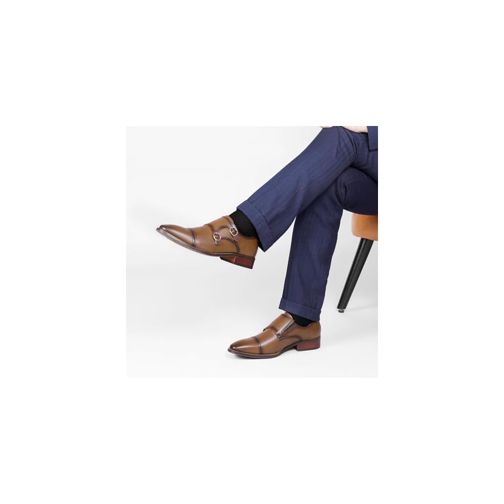 Foxsense Business Shoes, Leather Dress Shoes for Men, Genuine Leather, Monk Strap, Straight Tip,