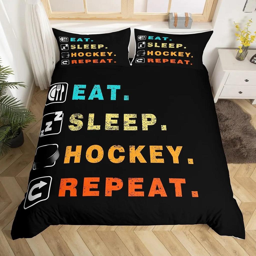 Ice Hockey Duvet Cover Helmet Skates Comforter Cover Winter Ice Sports Games Bedding Set for Boys Puck Hockey Player Quilt Cover