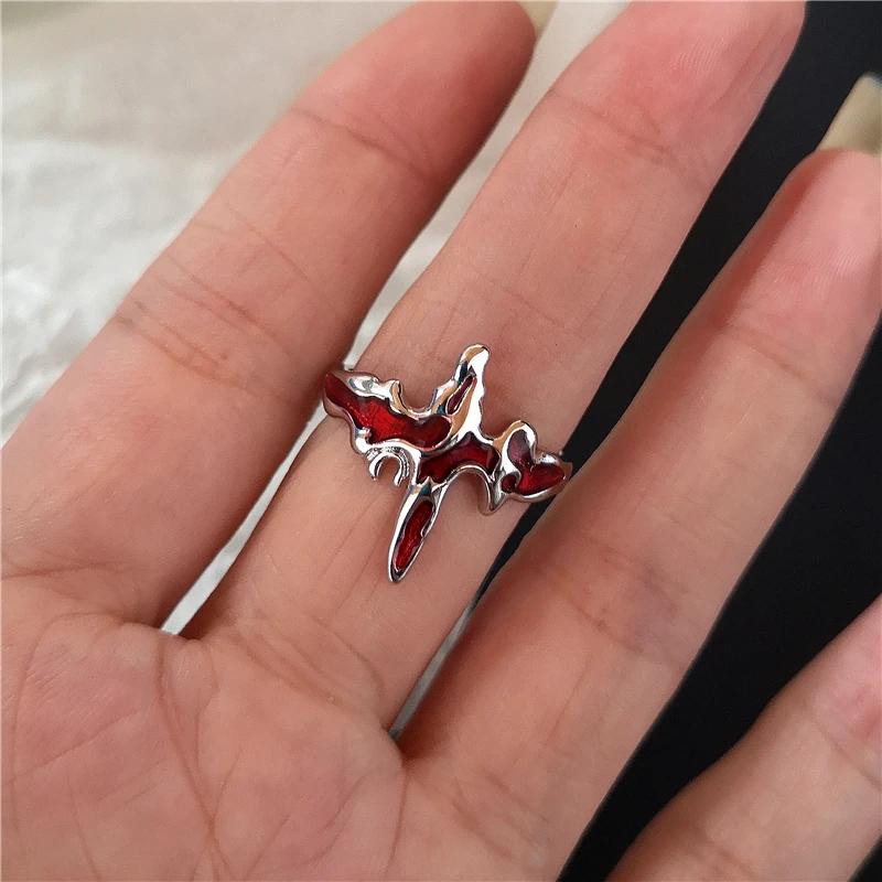 New Adjustable Opening Irregular Red Crystal Glass Heart Aesthetic Rings for Women Gothic Animal Spider Ring Creative Jewelry