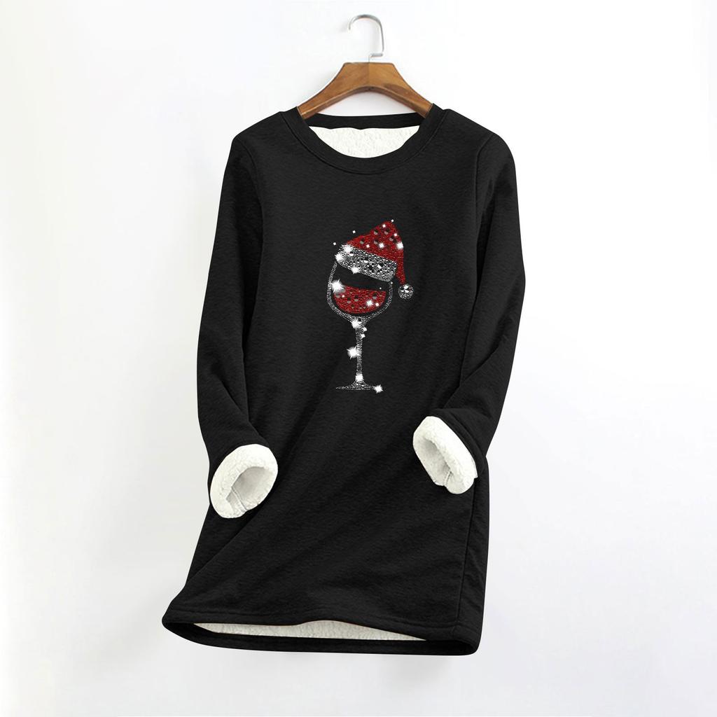 Женский круглый вырез с длинным рукавом и рождественским принтом, утолщенный плюшевый кашемировый теплый длинный топ