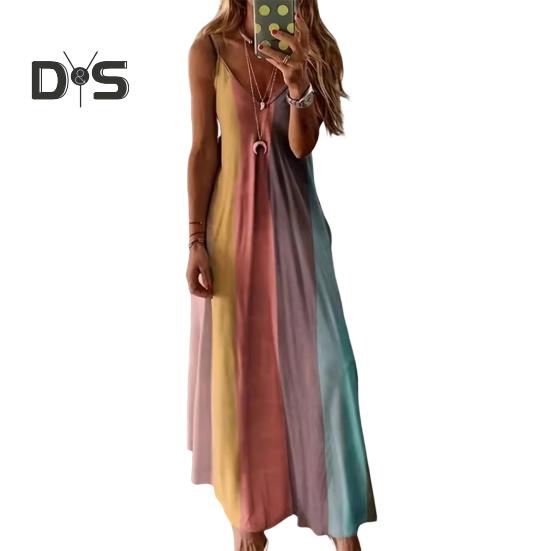 Женские бретельки-спагетти длинные платья с градиентом летнее повседневное струящееся макси-платье с V-образным вырезом свободный пляжный сарафан