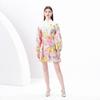 Spring Summer Women Lantern Sleeve Single Breasted Print Chic Mini Short Dresses With Belt