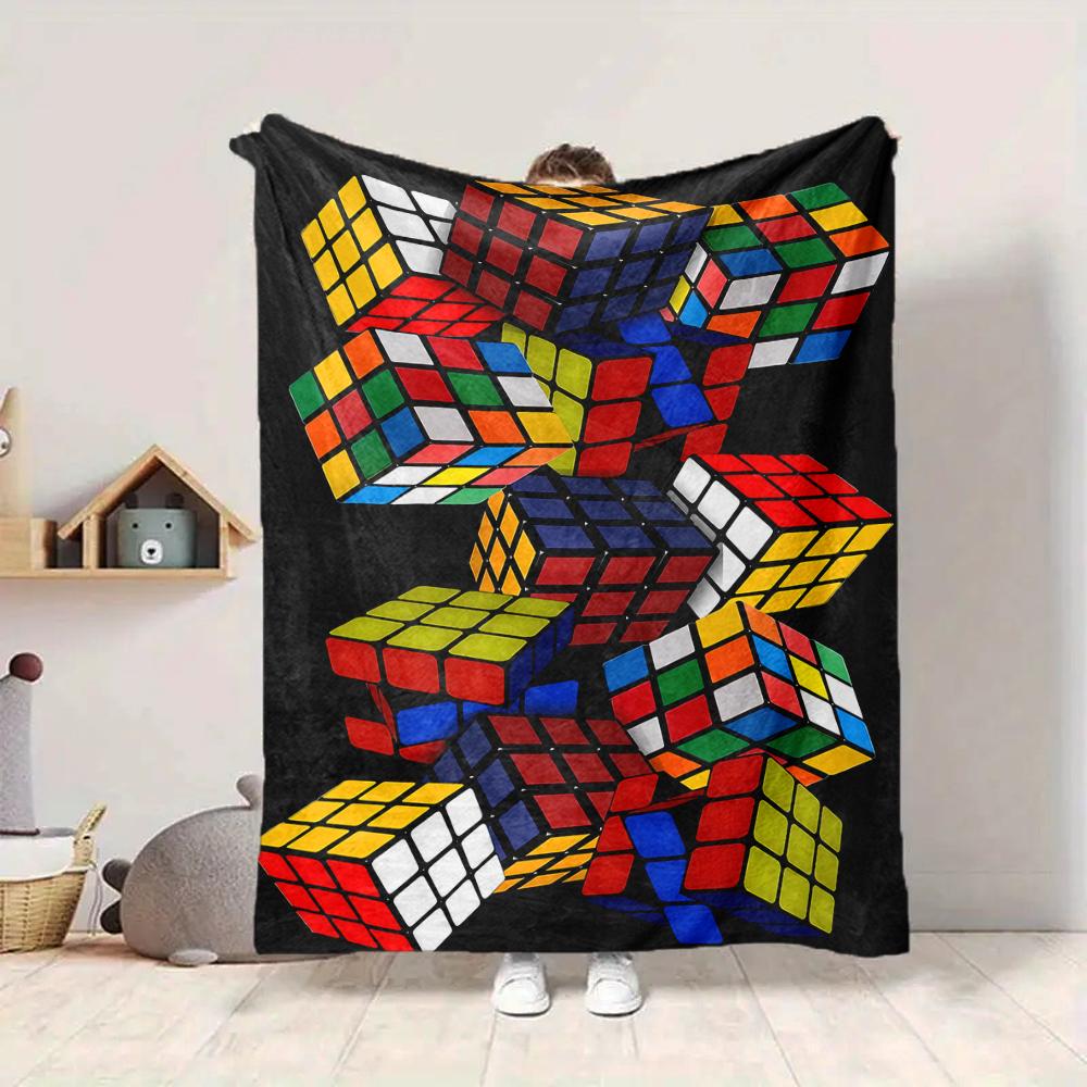 1Pc Rubik'S Cube Puzzle Blanket Soft And Comfortable Casual Warm Camping Travel Christmas Halloween Xmas Gift M92483