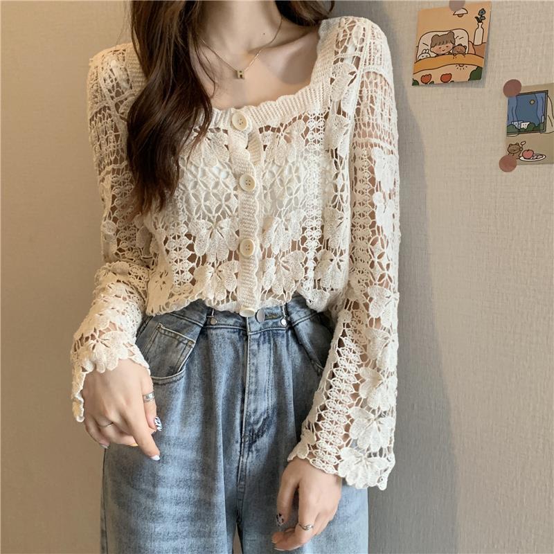 Ladies Hollow Top Women Summer New Long Sleeve Solid Color Square Neck Short Lace Cardigan Fashion Casual Button Female