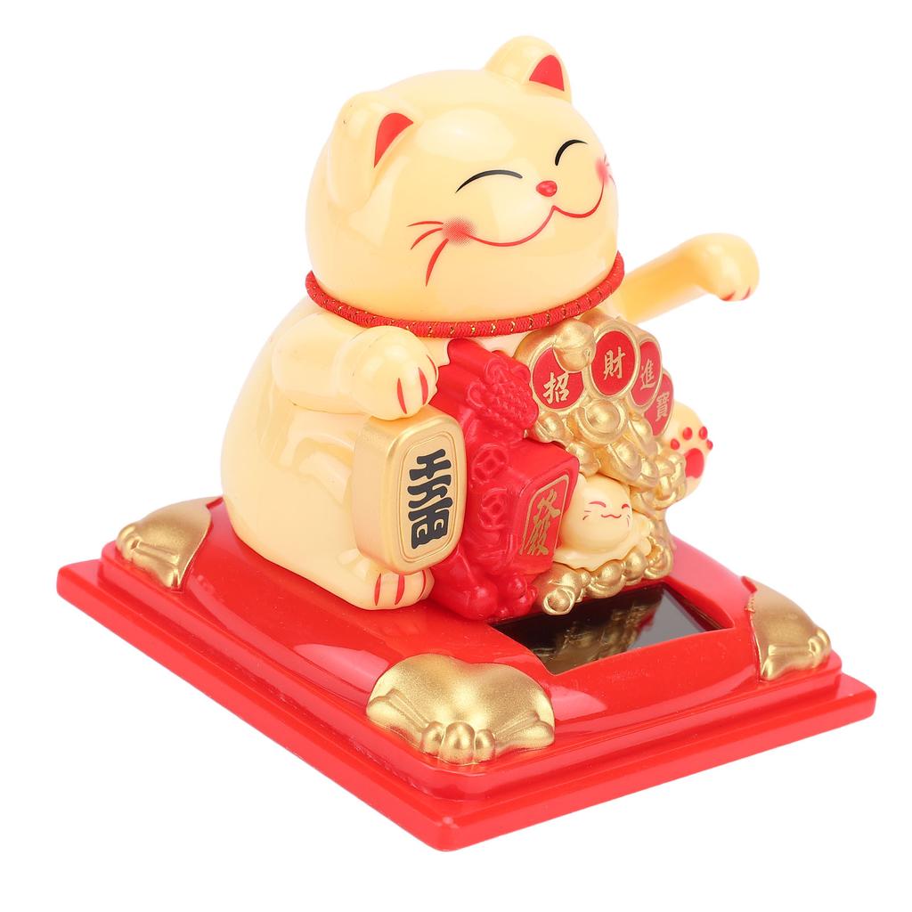 Lucky Cat Statue Vivid Lovely Waving Arm Solar Powered Fortune Cat with Dust Cover for Home Business Ornament Yellow