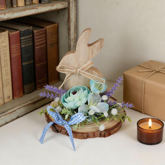 Easter Bunny Wooden Sign Desktop Bunny Ornament with Artificial Flower Spring Party Tabletop Centerpiece for Tiered Tray Home Decor