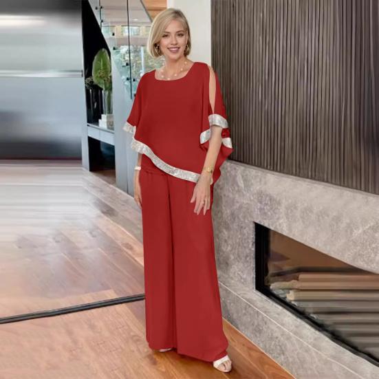 2 Pcs/Set Women Top Pants Set Bat Sleeve O Neck Shiny Sequin Irregular Blouse Elastic