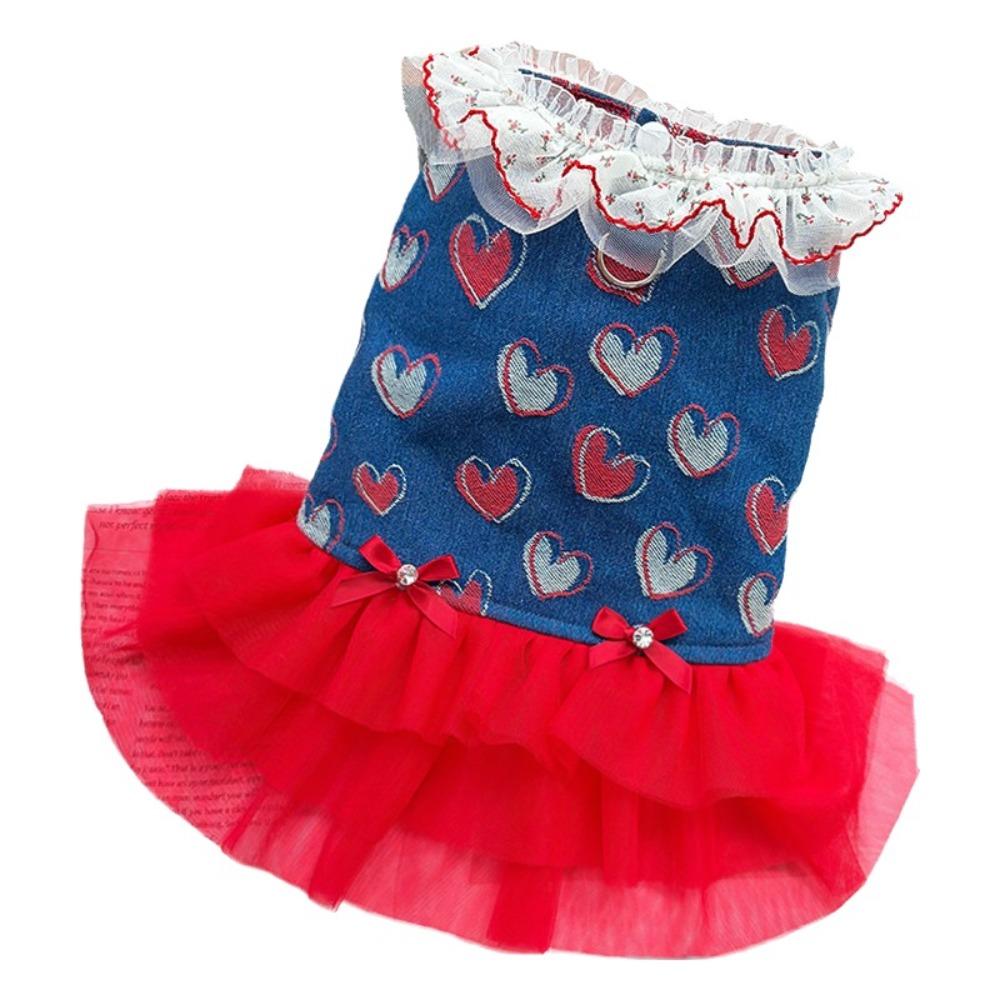 Fashion Trendy Denim Cherry Pet Dog Skirt Breathable Mesh Soft Vest Dog Denim Dress Washable Lace Cat Clothes Cats Kitten