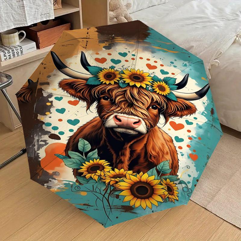 1PC Cow Sunflowers Automatic Open/Close Umbrella Compact Folding Umbrella with 8-Rib Shaft lightweight esign, Highquality Fabric1152A