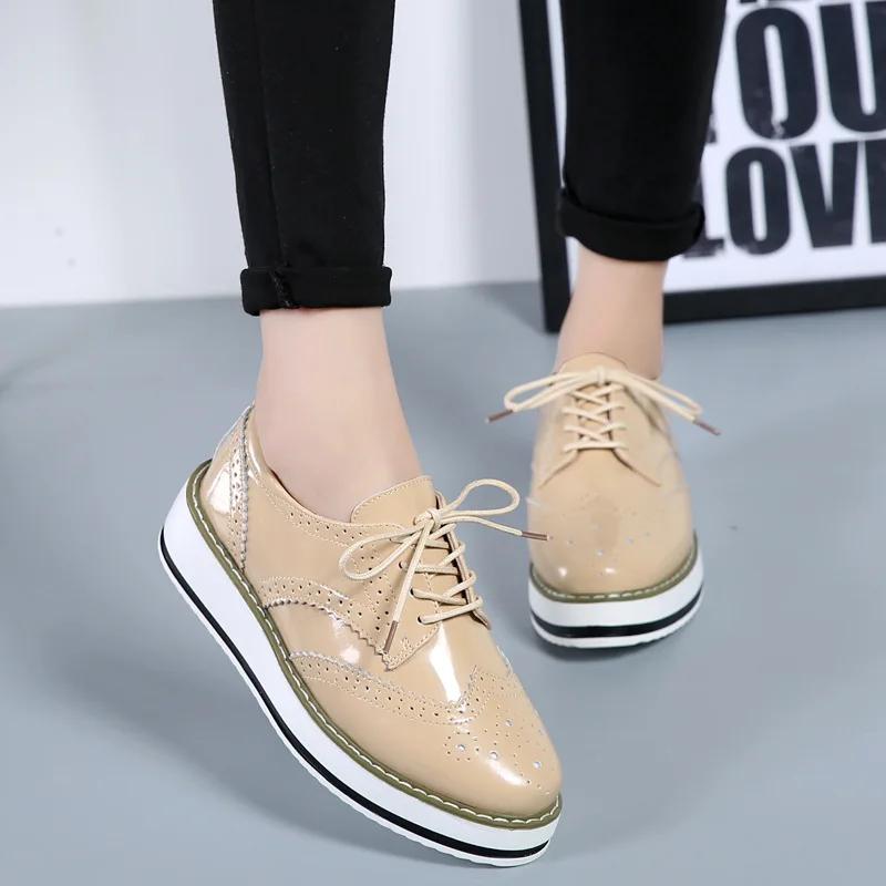 Women Platform Flats Leather Lace Up Classic Bullock Footwear Female Spring Autumn Oxford Shoes Plus Size 43 Mujer