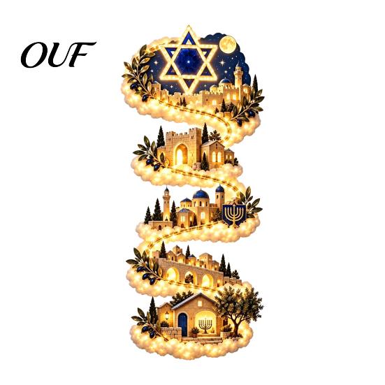Festive Living Room Wall Accents Hanukkah Festival Light Decor, LED Cascading Trail with Warm White Holiday Display Glow, 2D Print Illuminated Art for