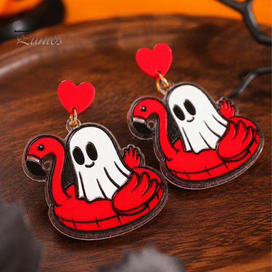 Flamingo Swimming Ring Jewelry 1 Pair Summer Halloween Ghost Earrings for Women, Cute Quirky Gifts Pool Float Dangle Drop Earrings, 2D Acrylic Holiday
