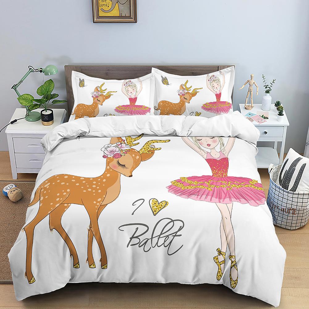 Ballet Dancer Girl Duvet Cover Set White Princess Bedding Set Cute Cartoon Bedclothes Queen King Size Polyester Comforter Cover