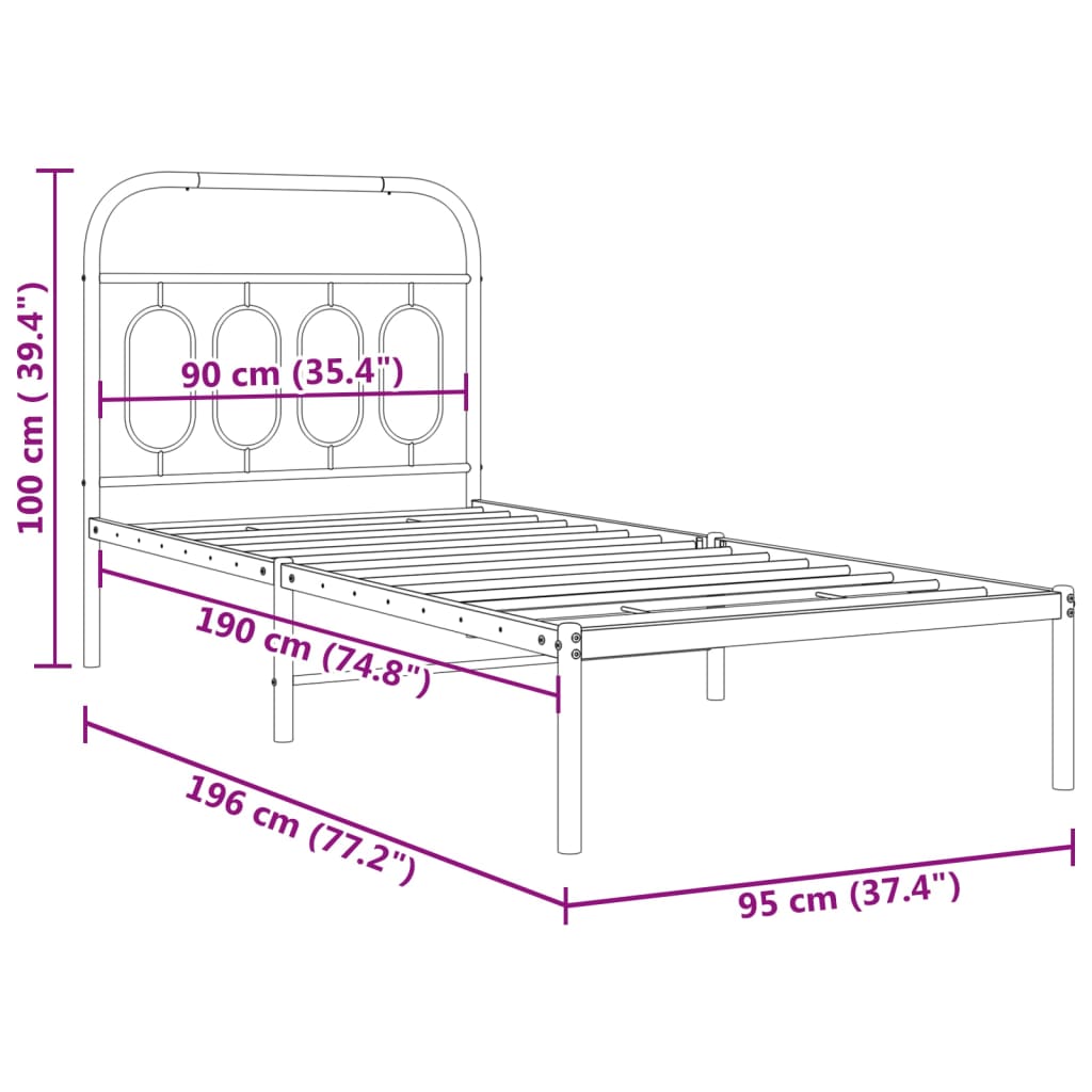 Metal Bed Frame with Headboard Black 90 x 190 cm