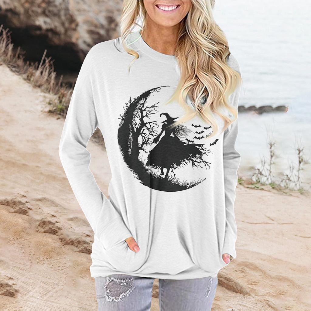 Женская модная повседневная футболка с круглым вырезом и принтом, длинными рукавами и карманами