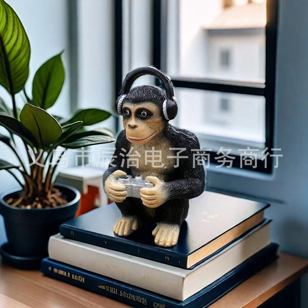 Gorilla with earphone resin ornament, creative gorilla doll, home, garden, lawn ornament
