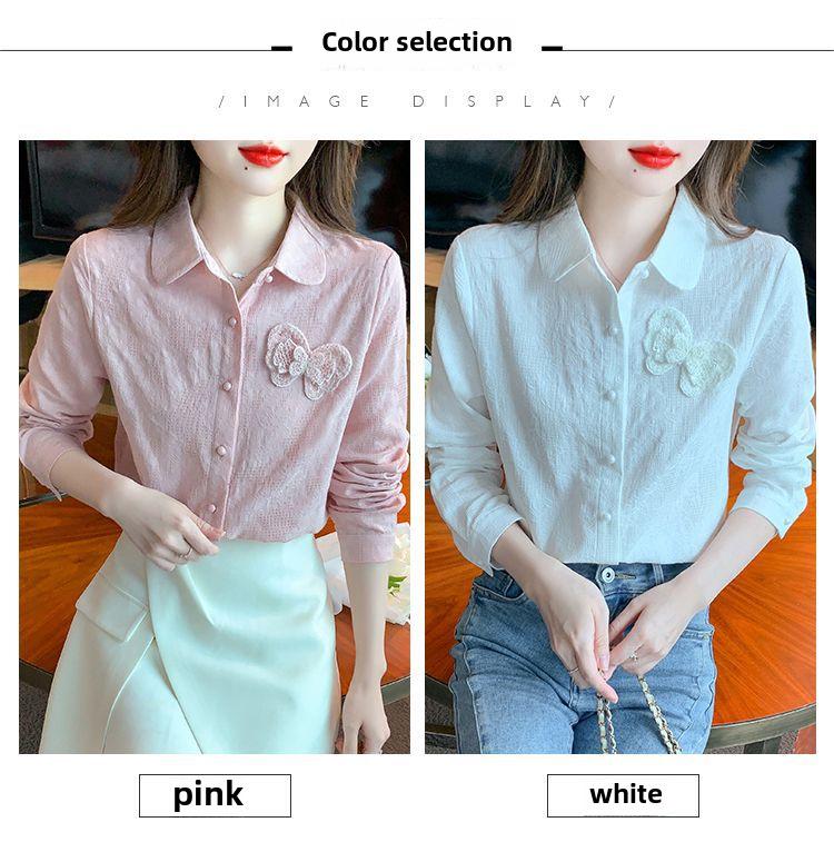 Осень 2024 г. Женская рубашка с длинным рукавом из чистого хлопка с жаккардовой вышивкой