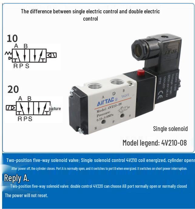 AirTac 4V110-06/4V210-08 Двухпозиционный пятилинейный направляющий электромагнитный клапан