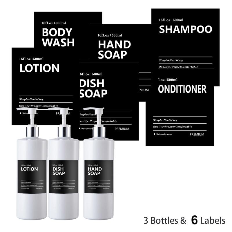 Многоразовая круглая бутылка с насосом, 500 мл, с водонепроницаемыми этикетками для кухни, ванной комнаты, бутылки для шампуня и кондиционера в отеле