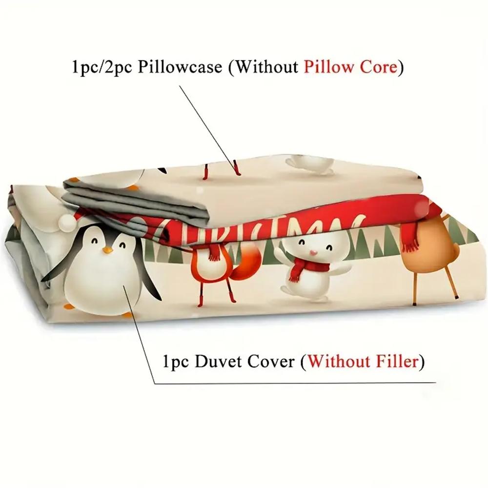Christmas Cartoon Reindeer Penguin Fox White Rabbit Snow Field Print Soft Bedding Set For Bedroom Dorm Room Comfortable