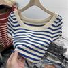 Women's Japanese Retro Striped Slim Fit U-Neck Short Sleeve Knitted Top