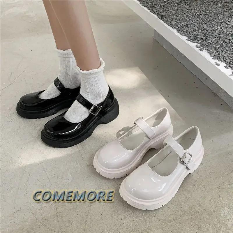Модные лакированные туфли Мэри Джейн для женщин в стиле преппи с пряжкой на щиколотке, туфли-лодочки на платформе, женские японские туфли на толстом каблуке, школьные туфли Mujer