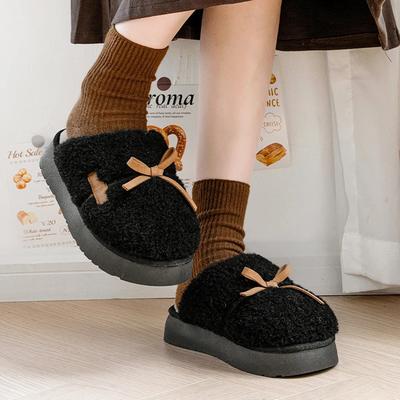Модные пушистые тапочки на платформе Женские домашние балетки Милый бантик Дизайнерские Прелестные зимние туфли Девушки Модные плюшевые повседневные Туфли Элегантные
