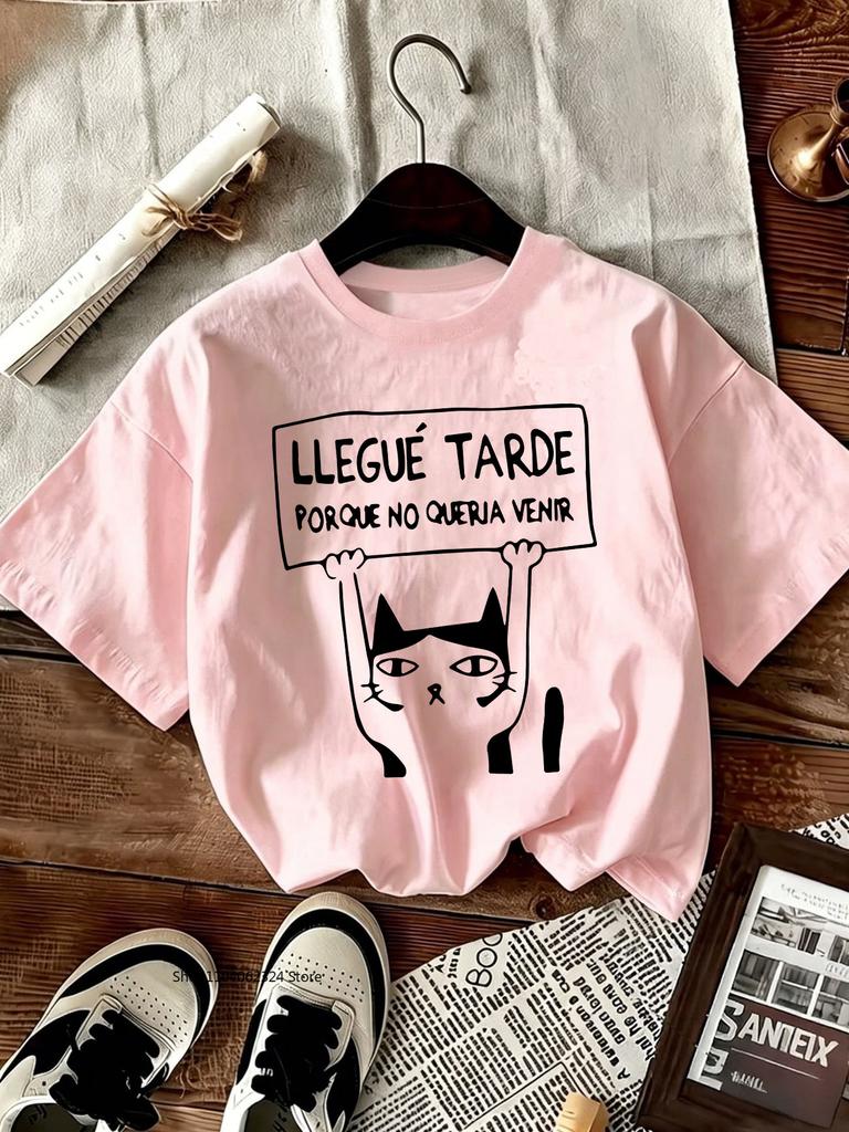 Cartoon Trendy Kawaii Cat Print T-shirt Women's Summer Round Neck Cute Cat Y2K Graphic Tee Summer Casual Woman Clothing
