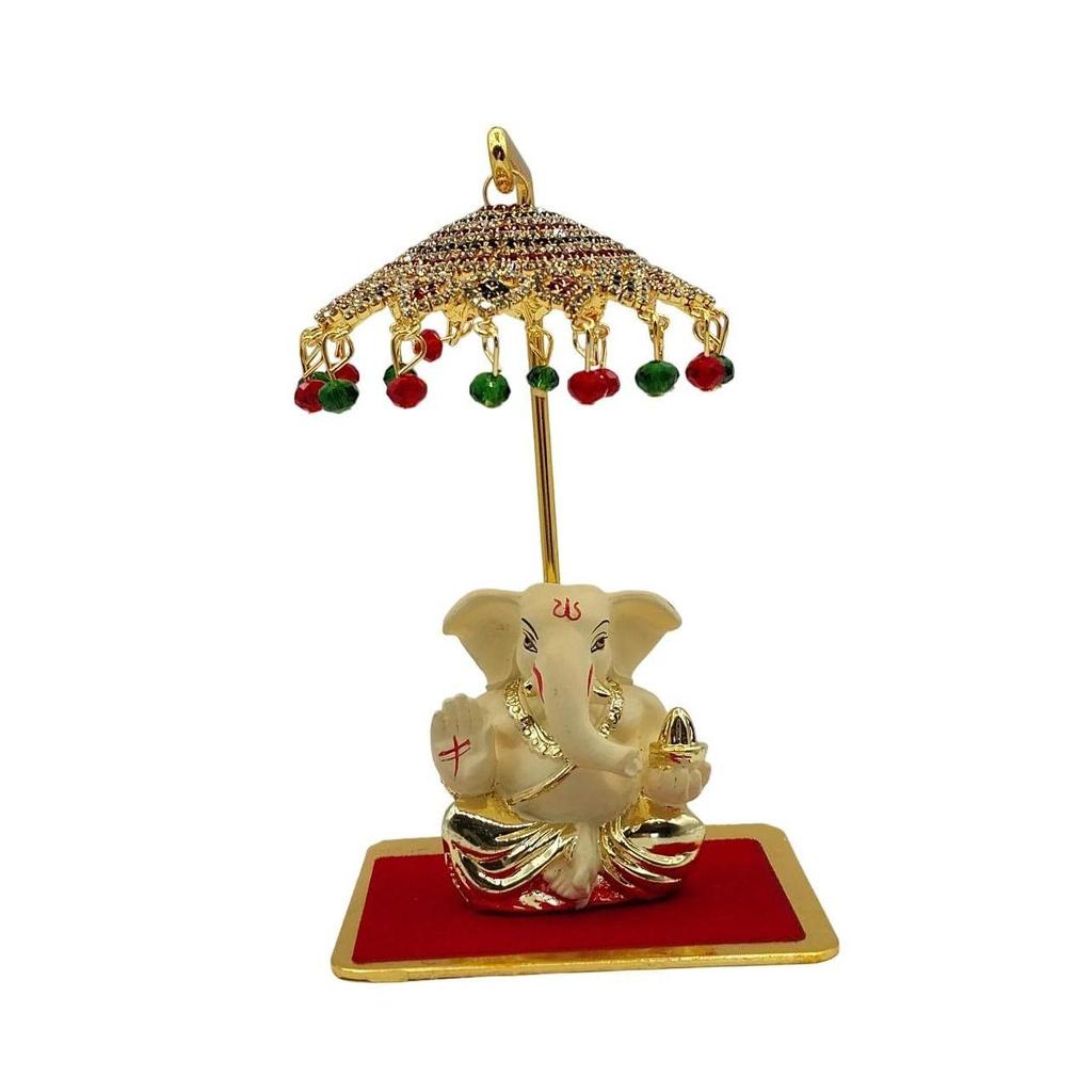 Metal Umbrella Chhatra with Hanging Crystals for God Idol, Car Dashboard/Office Desk/Table/Home Decor Showpiece, Chatri Aasan